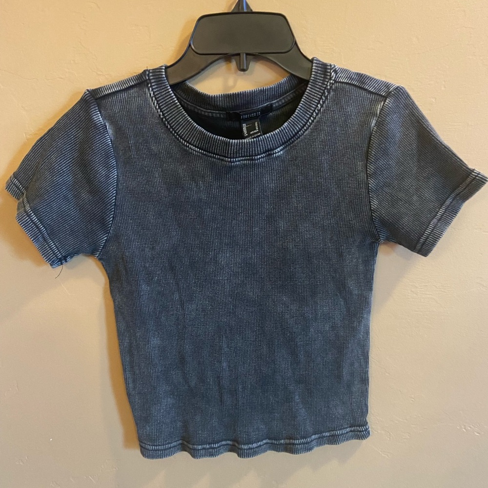Cropped Waffle Knit T Shirt Black Forever 21 Women Med black nylon spandex